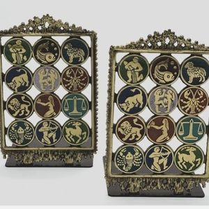 1970s 12 Signs of the ZODIAC Brass BOOKENDS Oppenheim Israel , Astrology Judaica